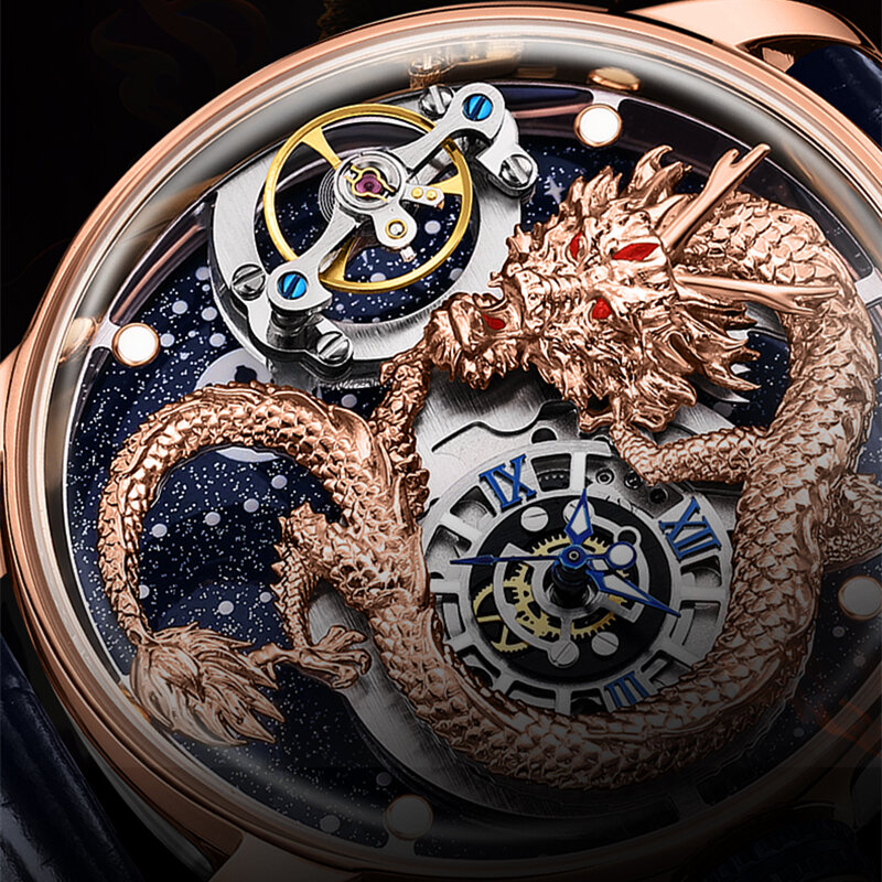 HANBOR Dragon-reloj de lujo para hombre, cronógrafo de pulsera mecánico, luminoso, resistente al agua, automático, grabado 5D