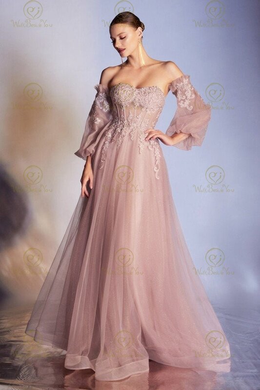 Glitter Prom Dresses 2023 Tulle Dusty-Rose Lace Boho Off Shoulder Strapless Sleeves Evening Gown Party Vintage Princess Formal