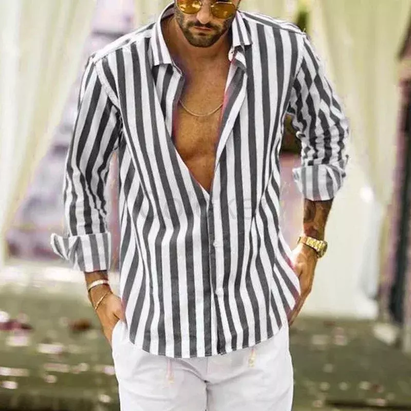 Camicie da uomo con colletto in piedi a righe a maniche lunghe per tutte le stagioni Cardigan monopetto moda Casual per viaggi in spiaggia