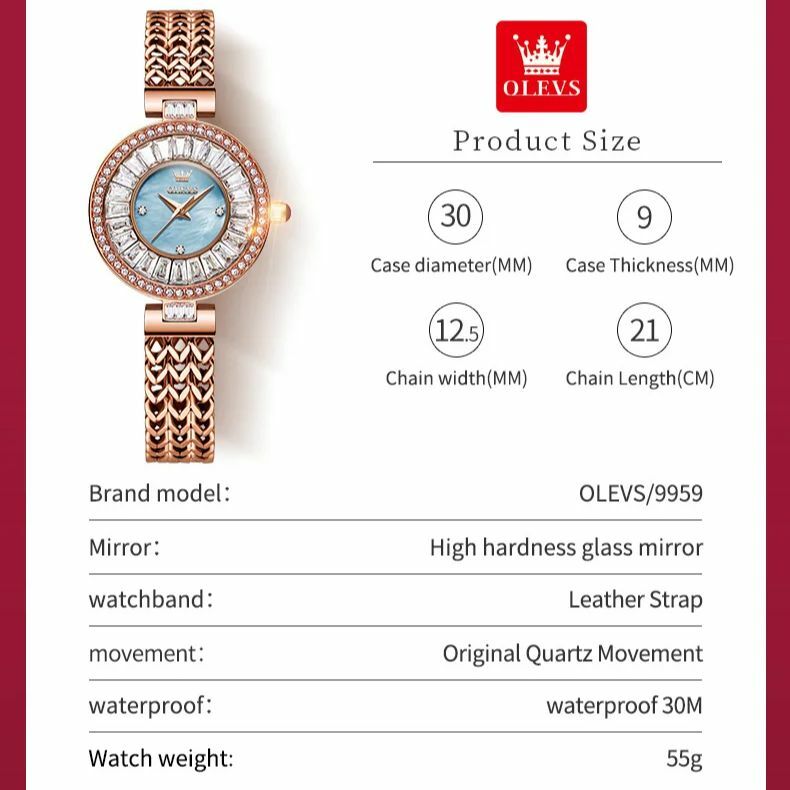 OLEVS-Relógio Quartzo de Aço Inoxidável Impermeável Feminino, Elegante e Romântico Ouro Rosa, Marca de Luxo