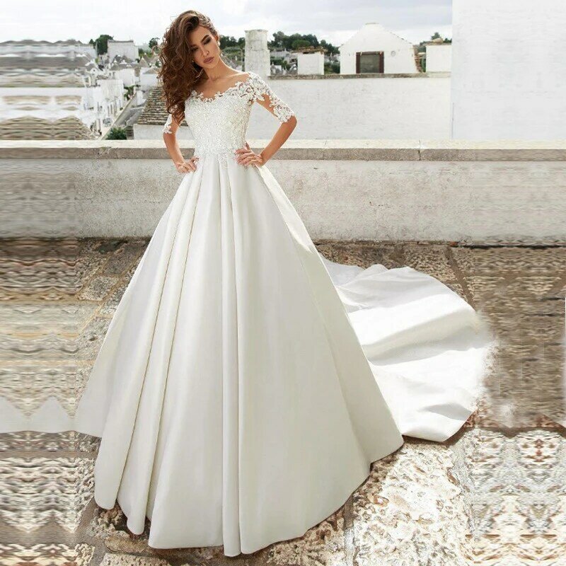 Gaun pernikahan renda Satin, gaun pengantin benang utama tempramen bahu terbuka Retro gaya istana Perancis Trailing 2024