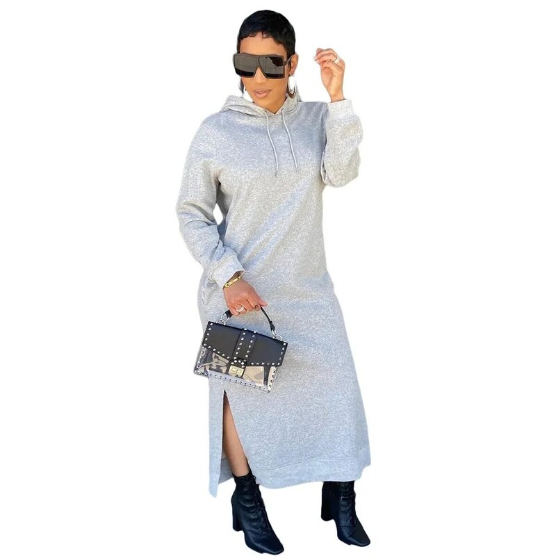 2024 Women's Long Sleeve Hooded Collar Fashion Casual Temperament Solid Color Split Dress