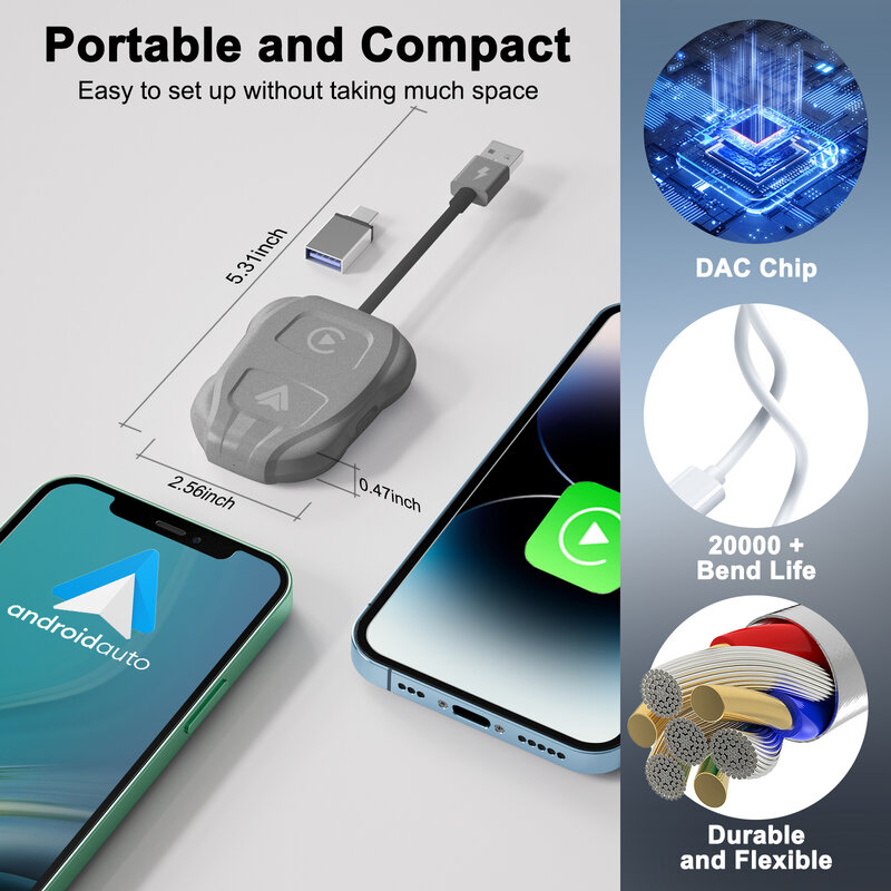 Apple CarPlay nirkabel & adaptor otomatis Android, Dongle Carplay nirkabel 5.8 GHz untuk Apple Carplay dan Android dengan kabel