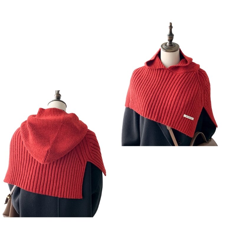 2-in-1 ニットショールハットフード付きスカーフキャップ女性冬暖かい帽子カジュアル帽子 D46A