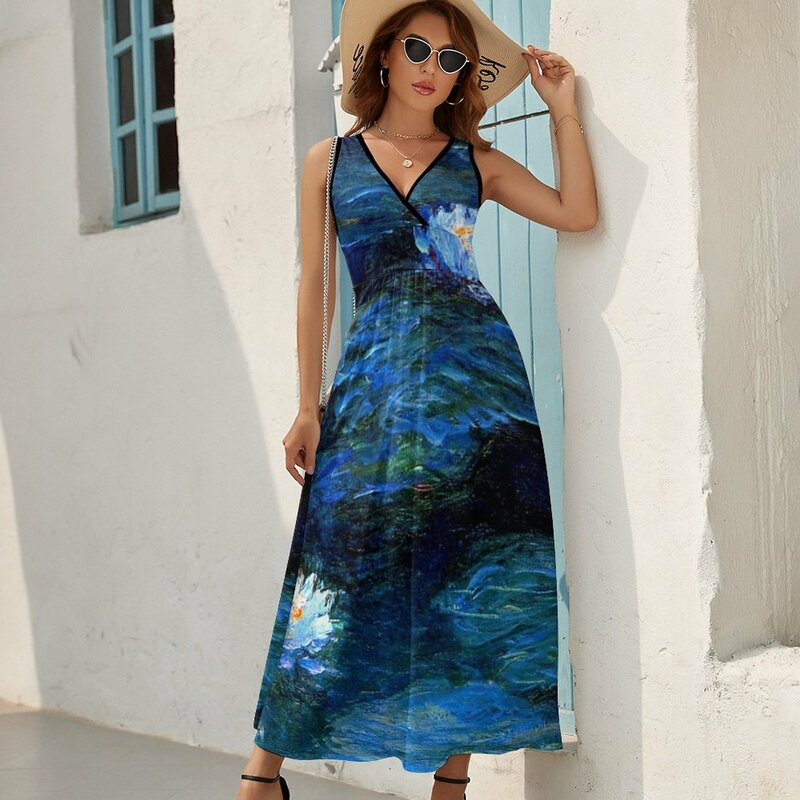 水lililies monget-ノースリーブのドレス,女性のための深い青のドレス