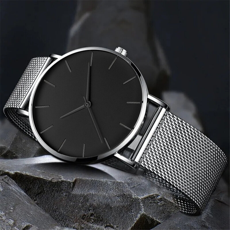 3PCS Set Fashion Mens Ultra Thin Simple Watches Men Business Casual Bracelet Necklace Stainless Steel Mesh Belt Quartz Watch