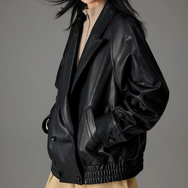 Giacca in vera pelle 2023 per l'autunno e l'inverno, nuova giacca da moto nera Casual in pelle di pecora conciata alla pianta completa per le donne