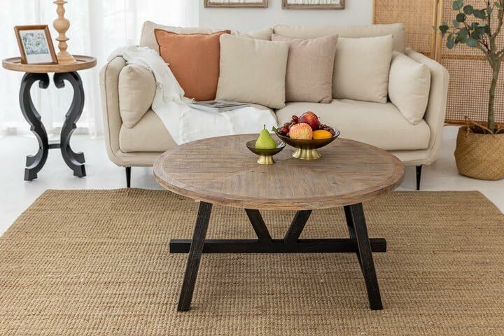 Rustikaler Bauernhaus-Couch tisch mit geometrischer Basis, französischer Land akzent tisch für Familie, Esszimmer oder Wohnzimmer, modern, rund