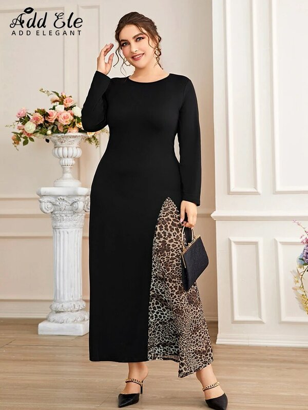 Add Elegant Plus Size Dress Women 2022 Gentle Fall Stitching Leopard Design Commuter O-Neck Stylish Long Sleeve Clothing B1064