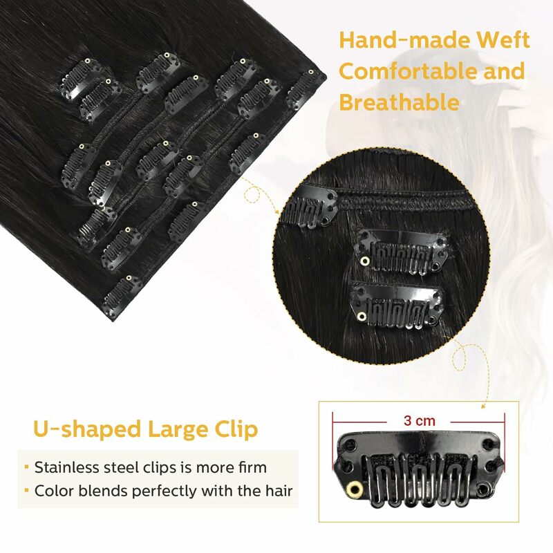 Straight Clip in Hair Extensions Human Hair Skin Weft Seamless Invisible Natural Black Hair Color 1B# For Women 14"-24" 100g/Set