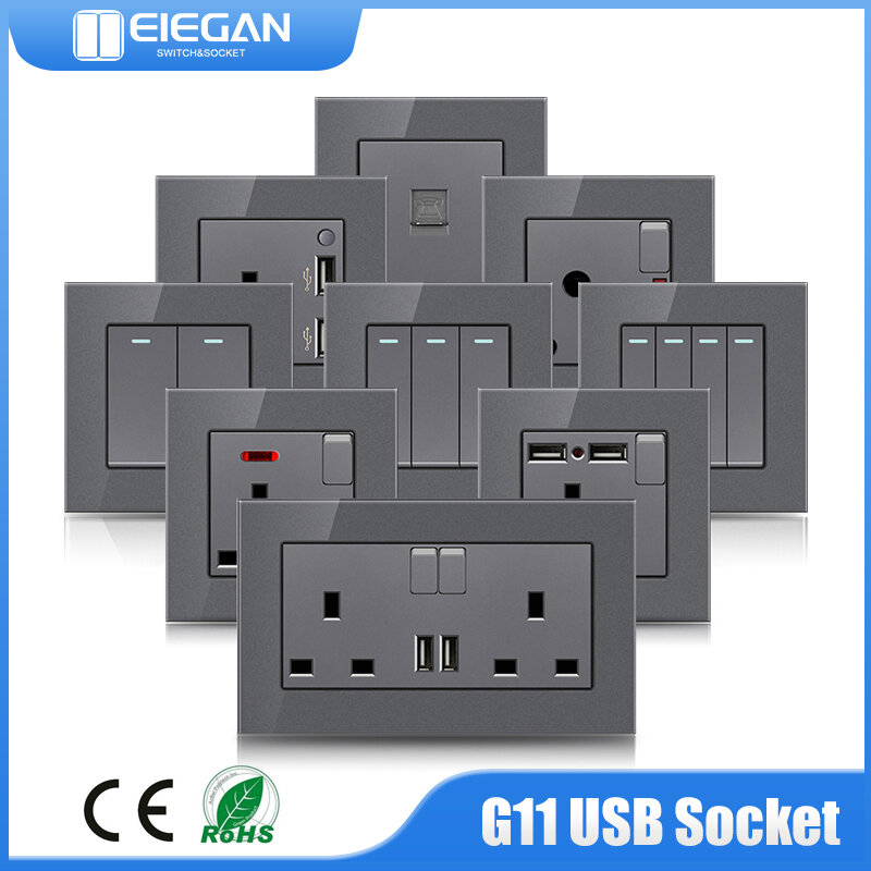 ELEGAN 그레이 강화 유리 패널, 16A 86 타입, G11 시리즈, EU, UK, FR, UN 벽 스위치 소켓, USB 250V 램프 온수기 스위치