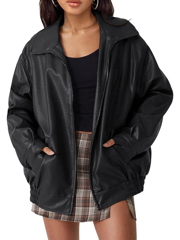KMBANGI 여성용 PU 오버사이즈 재킷, 인조 가죽 재킷, 오토바이 모토 바이커 코트, 헐렁한 외투, 가죽 패션
