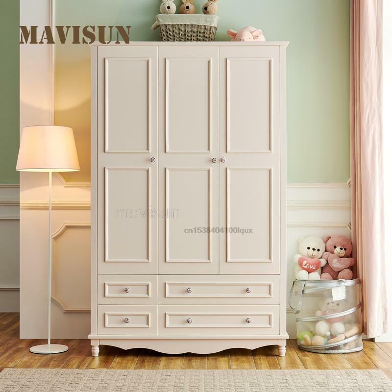 Armario de madera maciza para dormitorio, mueble de almacenamiento de estilo coreano con cajones, tres puertas, color blanco, para el hogar