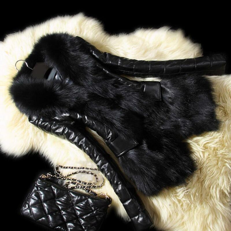 Cappotto da donna in pelliccia sintetica in pelle PU collo in pelliccia sintetica giacca Casual oversize soffice cappotto invernale nero giacche in pelliccia di coniglio finto di lusso