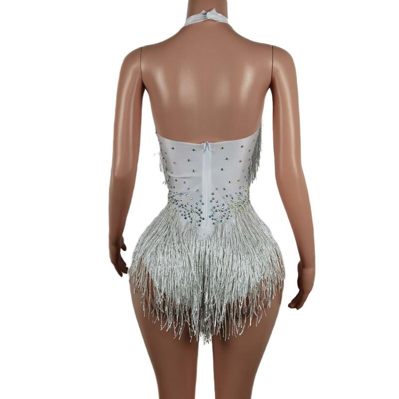 Kostum wanita seksi berlian imitasi putih Nigthclub Leotard wanita penyanyi tunjukkan pakaian tari romper pakaian melar Bodysuit Liusu