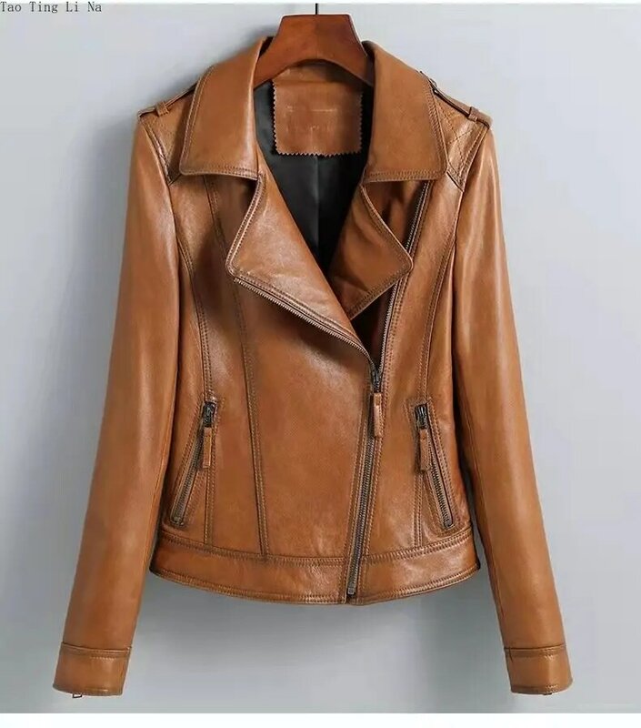 2023 donne primavera nuovo cappotto in vera pelle di montone sottile moto vera pelle di pecora giacca F5