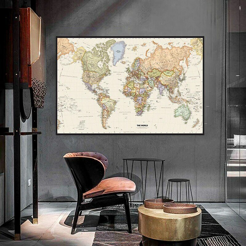 225*150 die Welt Karte Detaillierte Bild Vintage Wand Kunst Poster Nicht-woven Leinwand Malerei Schule Office Home dekoration