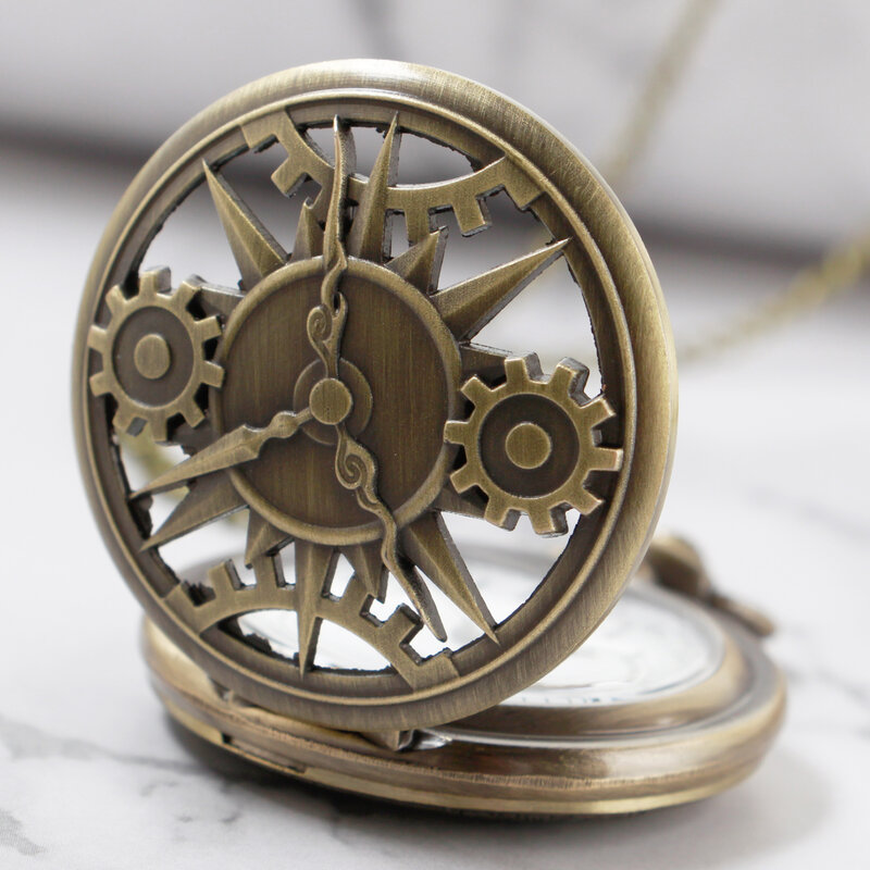 Antyczne Steampunk brąz Hollow biegów mechanizm kwarcowy wisiorek w kształcie zegarka kieszonkowego prezent z łańcucha zegarki kieszonkowe Fob zegarek prezent chłopcy mężczyźni