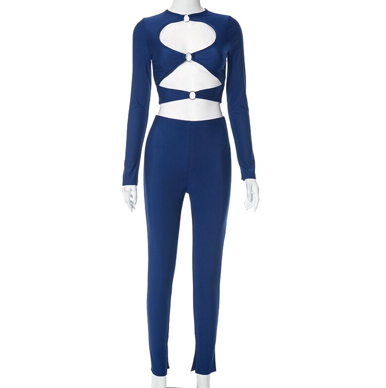 Hot Selling 2024 Summer Women's Two-Piece Set with Tight Fitting Circular Hollow Long Sleeved Top and Pants Casual Set