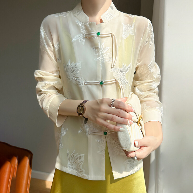 Jaqueta feminina retrô estilo chinês Tang, camisa de botão Jacquard, manga comprida de chiffon de proteção solar, nova, primavera, verão, 2023