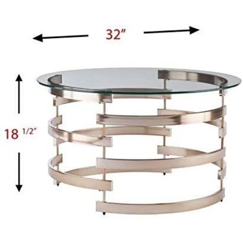 Belmar-ラウンドガラストップコーヒーテーブル、現代的なシャンパン、32d x 32w x 18.5h