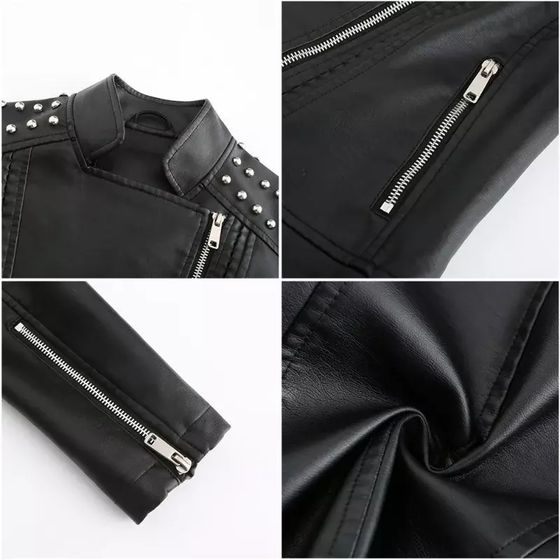 Beaded Leather Coat Women's Fashion Leather Jacket Leisure Design Sense Motorcycle Clothing Short Spring Autumn Female Outwear
