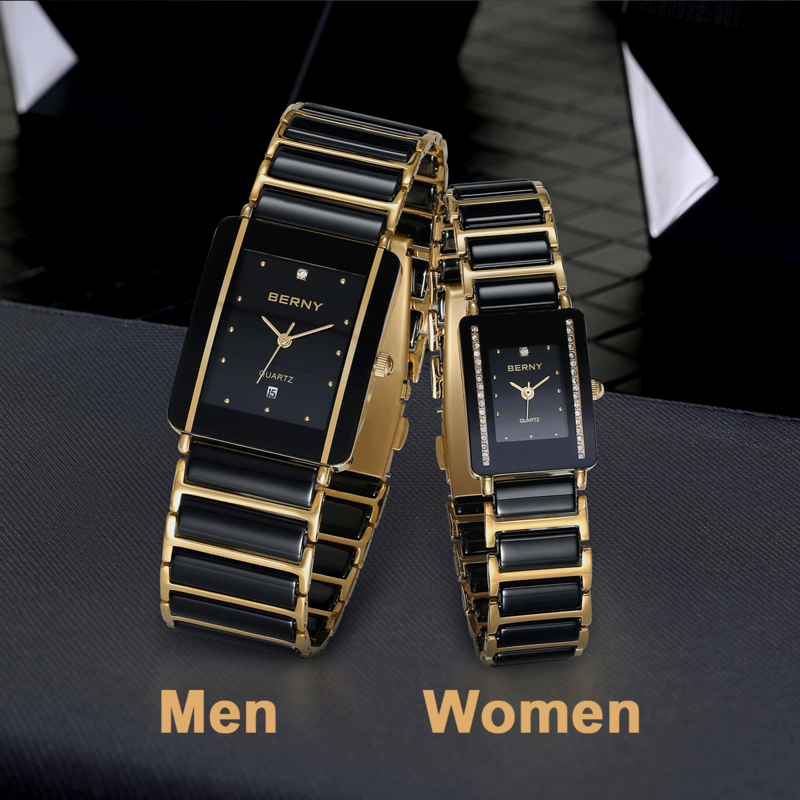 Berny Keramische Quartz Horloge Voor Mannen/Vrouwen Luxe Roestvrij Staal Rechthoek Polshorloge Waterdichte Kalender Gouden Paar Horloges