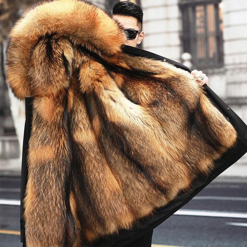 Casaco de pele de comprimento médio masculino, casaco de lã vison, forro quente, inverno, novo, 1 pc