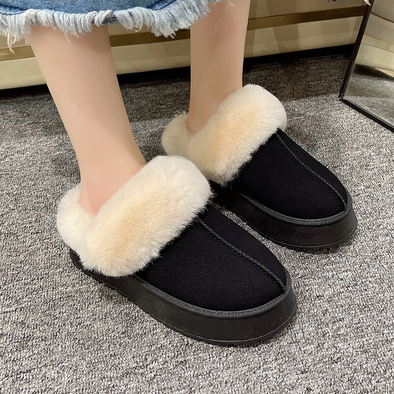 Warm Thicken Plush Chunky Platform Cotton Slippers Women Flat Heels Fur Slippers Woman 2023 New Faux Suede Fluffy Winter Shoes