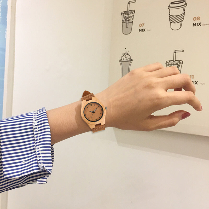 Jam tangan kuarsa wanita kayu bambu Dial coklat kopi trendi jam tangan kulit asli jam tangan gaya alami kayu jam tangan wanita