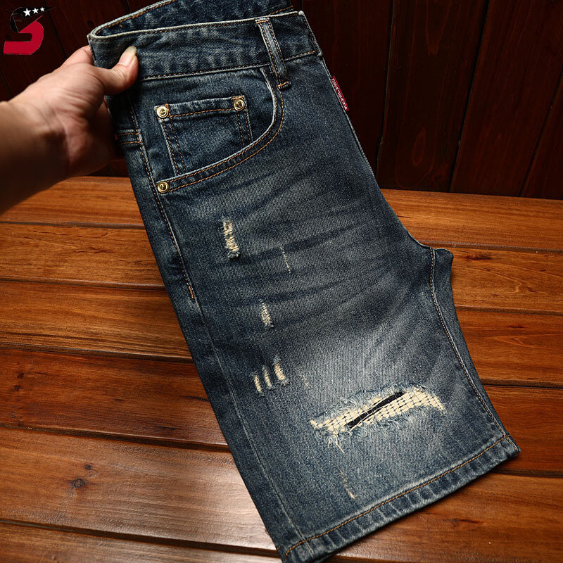 Pantalones cortos de mezclilla rasgados de alta gama para hombre, pantalones cortos elásticos ajustados, estilo coreano, azul, retro, moda