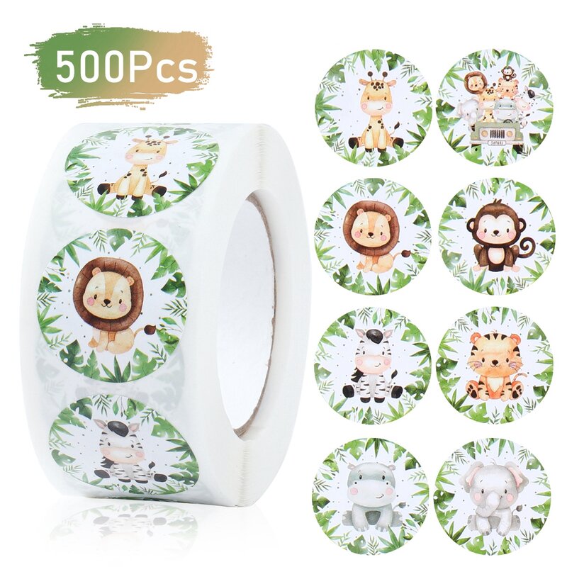 500 шт. бумажные этикетки в виде животных джунглей, Мультяшные милые наклейки для свадьбы, детской вечеринки, декор для вечеринки