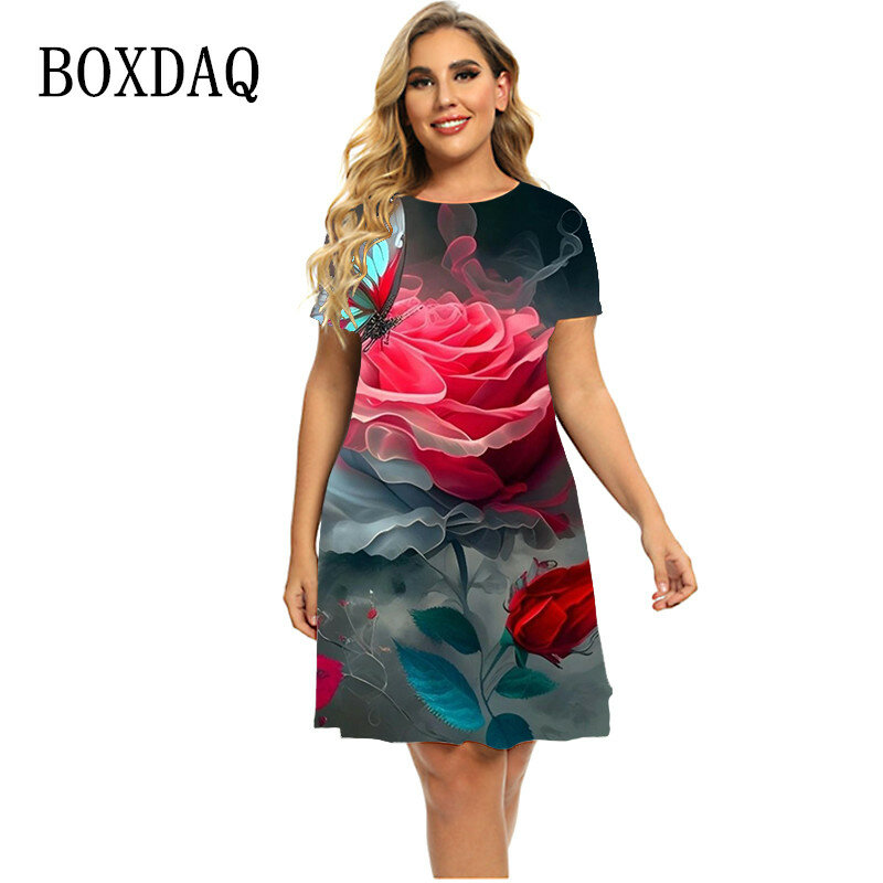 Mini robe décontractée à manches courtes et col rond pour femmes, nouvelle mode, motif Floral, imprimé 3D, forme trapèze, grande taille 6XL, été
