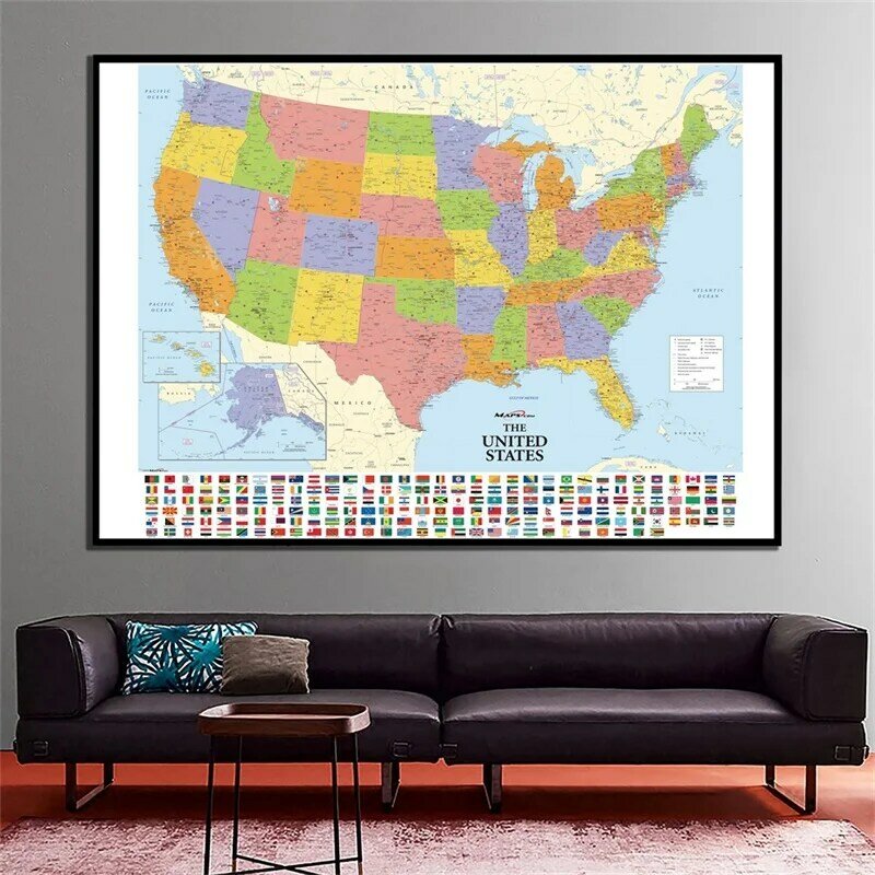 150X100Cm Niet-Geweven Kaart Van De Verenigde Staten Met Land Vlaggen Gedetailleerde Amerikaanse Kaart Voor Cultuur En Onderwijs Reisgeschenken