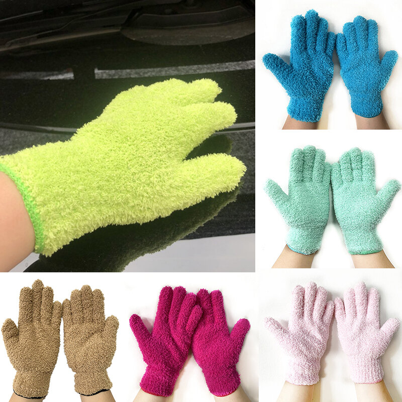 1 buah sarung tangan pembersih Microfiber sarung tangan perawatan mobil bulu domba warna Solid lima jari penghilang debu sarung tangan penyerap rumah tangga
