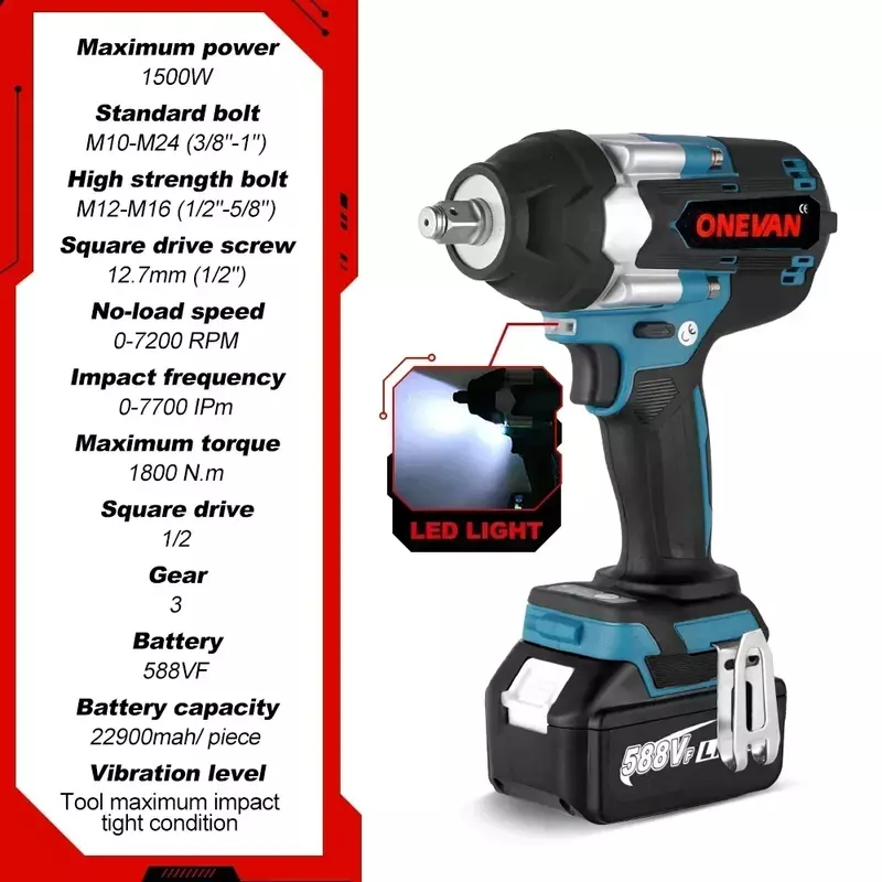 ONEVAN Brushless Electric Impact Wrench, Cordless Power Tool para Makita, 18V Battery, 1800N.M Torque, 588VF, 1/2"
