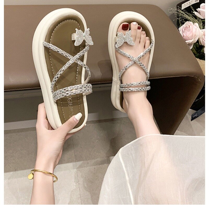 Zapatillas con punta de Clip, Zapatos de plataforma, cuñas con lazo de cristal, Sandalias de tacón medio, 2024
