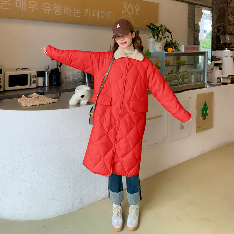 여성 한국 스타일 중간 길이 다운 재킷, 루즈한 오버니, 학생 라펠, 가벼운 빵 코트, 마름모, 겨울