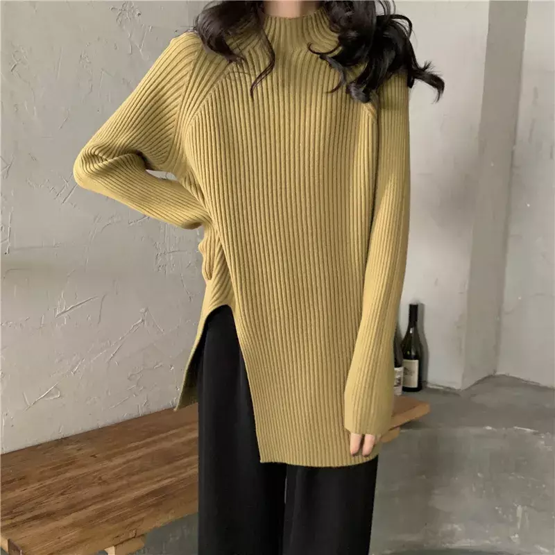 女性のためのヴィンテージスタイルのセーター,ミドル丈の襟,長袖,個性的なセーター