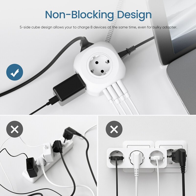 LENCENT-Multiprise EU Plug avec interrupteur pour la maison, multiprise avec 4 prises AC, 3 ports USB, 1 type C, 2m, 3m de câble tressé
