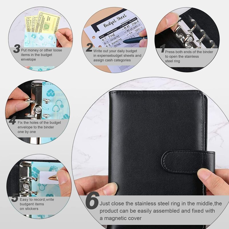 PU Leather Budget Binder Notebook, Envelopes de dinheiro, sistema de carteira com zíper, bolsos para economizar dinheiro, Bill Organizer, A6