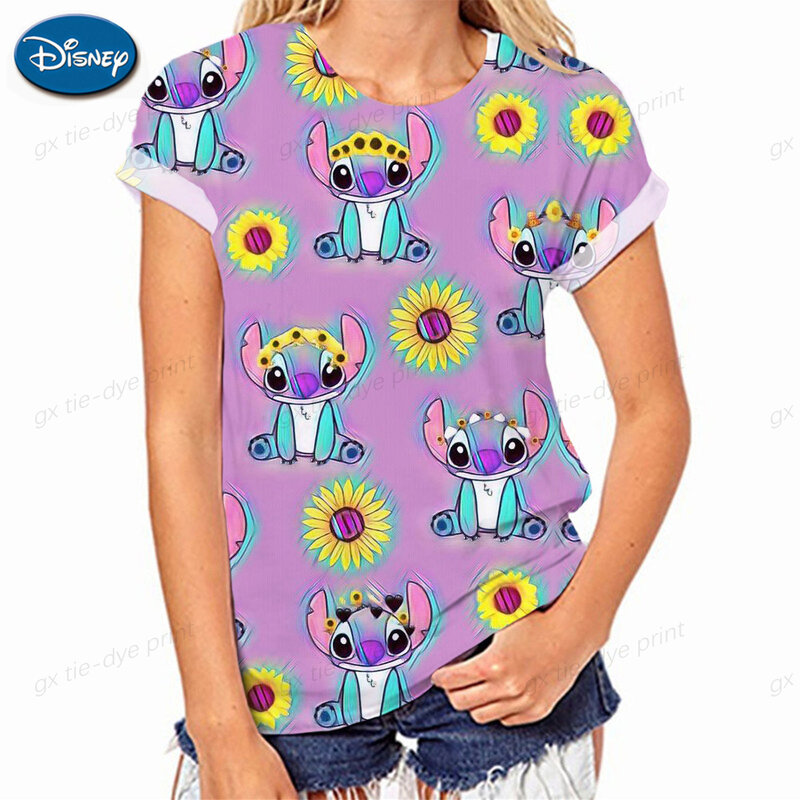 2023 Women's T-shirt O-neck Design Y2k Fashion Trend Summer Short Sleeve Sexy Neckline Disney Stitch Pattern Print Top