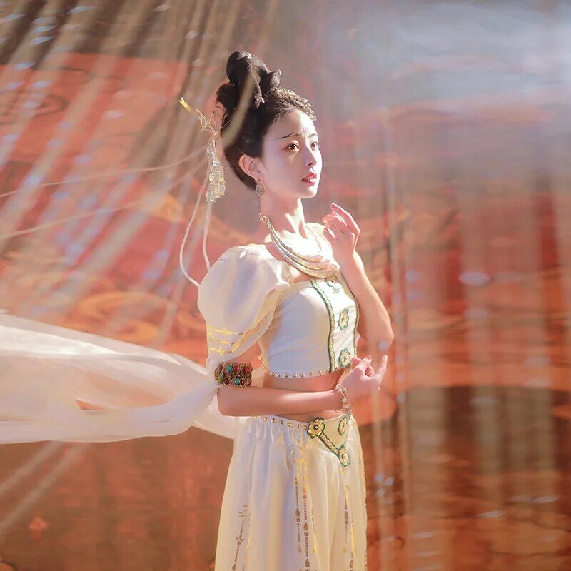 Kostum tarian terbang Dunhuang Tiongkok, seragam Cosplay putri Apsaras Tiongkok, pakaian klasik Hanfu, gaun kostum pertunjukan