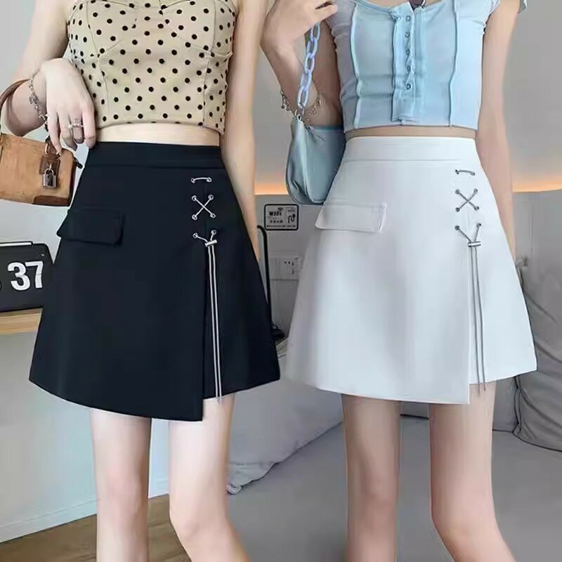 Black Side Slit Bandage Mini Skirt Women 2024 Summer Asymmetrical High Waist A Line Skirts Girls Casual Inner Shorts Saia Female