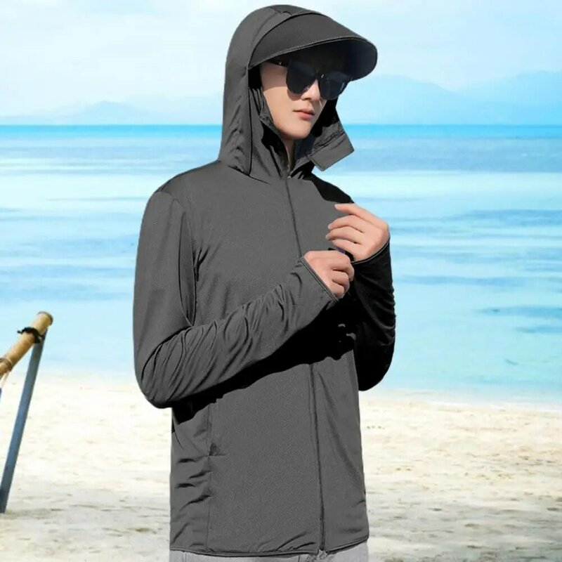 Men Summer Jacket Solid Color Men Summer Sunscreen Coat Anti-UV Effective Pockets Cooling Clothing Cycling Garment