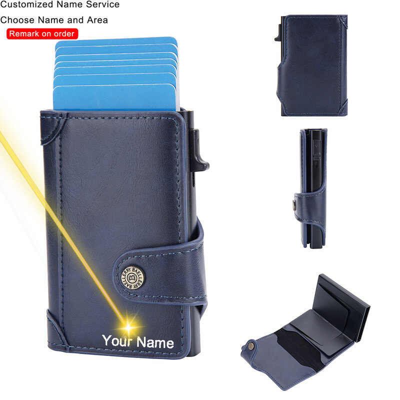 Niestandardowe grawerowanie portfel kredytowy pojemnik na kartę bankową RFID metalowy na kartę Case prezent dla mężczyzny wąski skórzany portfel Smart etui z miejscem na karty torebka