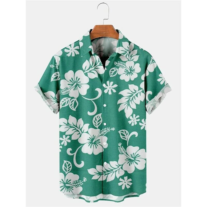Camisa estampada floral havaiana masculina, slim fit, roupa de manga curta, roupa de rua casual, blusa masculina, impressão 3D