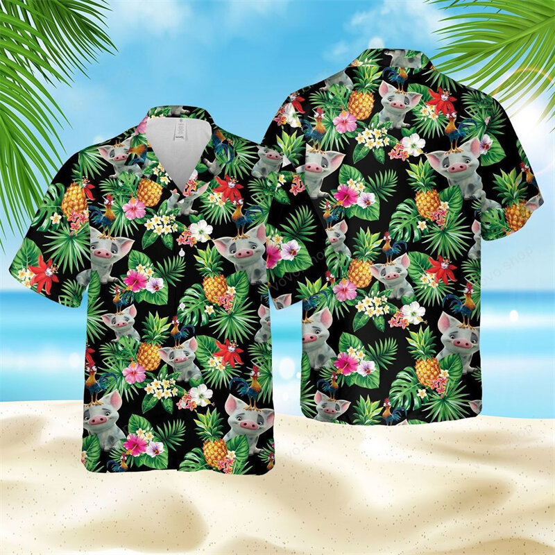 The New Loose Breathable 3D Print Trendy Cool Fashion Chicken Shirts Beach Hawaii Tops Short Sleeves Summer Men's Shirts Men Top