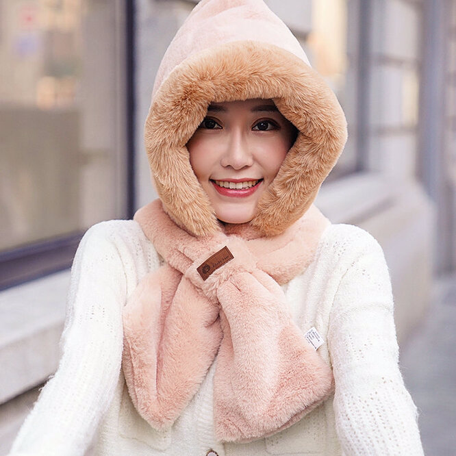 Hat Scarf One Female Winter Plush Thickened Cold Proof Warm Windproof Plush Scarf Ear Protection Girl Outdoor  Protection Khaki