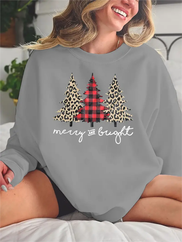 Weihnachten Plaid Tree Print Sweatshirt niedlichen Langarm Sweatshirt Damen bekleidung mit Rundhals ausschnitt